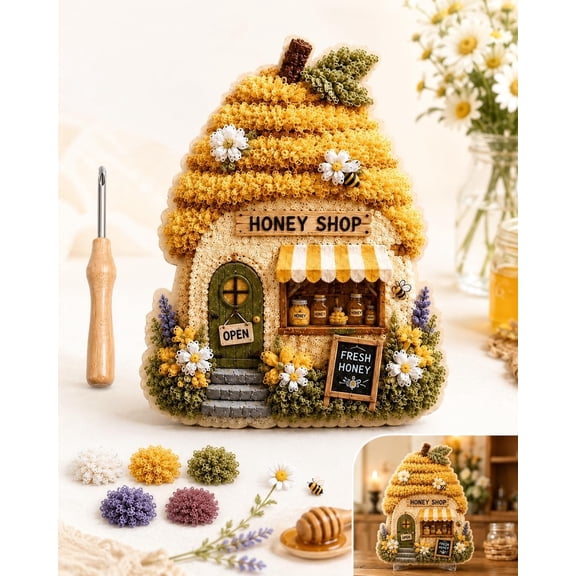 2026 New Whimsical Village 3D Fabric Poke Art Kit for Adults, DIY Poke Art for Home Decor, Cottage Handmade Hobby Gift, Poke Art Kits for Adults (Beehive Honey)