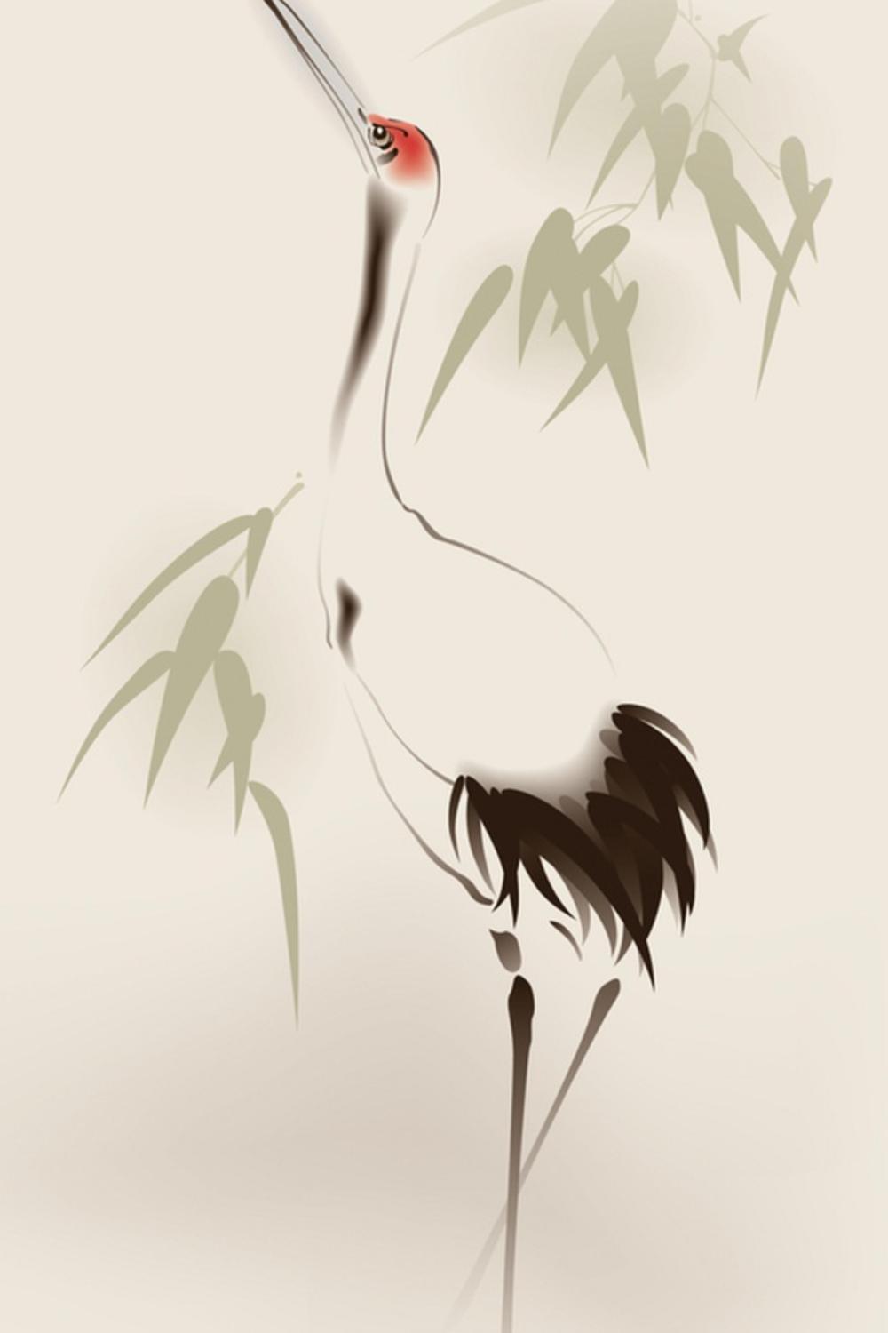 Art.com Oriental Style Painting, Red-Crowned Crane Art Print by ori-artiste, 12" x 18"