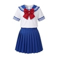 thumbnail image 3 of oelaio Girls Sailor Uniform School Girl Outfits Bowtie Short Sleeve Collared T-Shirt with A-Line Pleated Skirt 3 Piece Summer Clothes Set Blue 5-6 Years, 3 of 9
