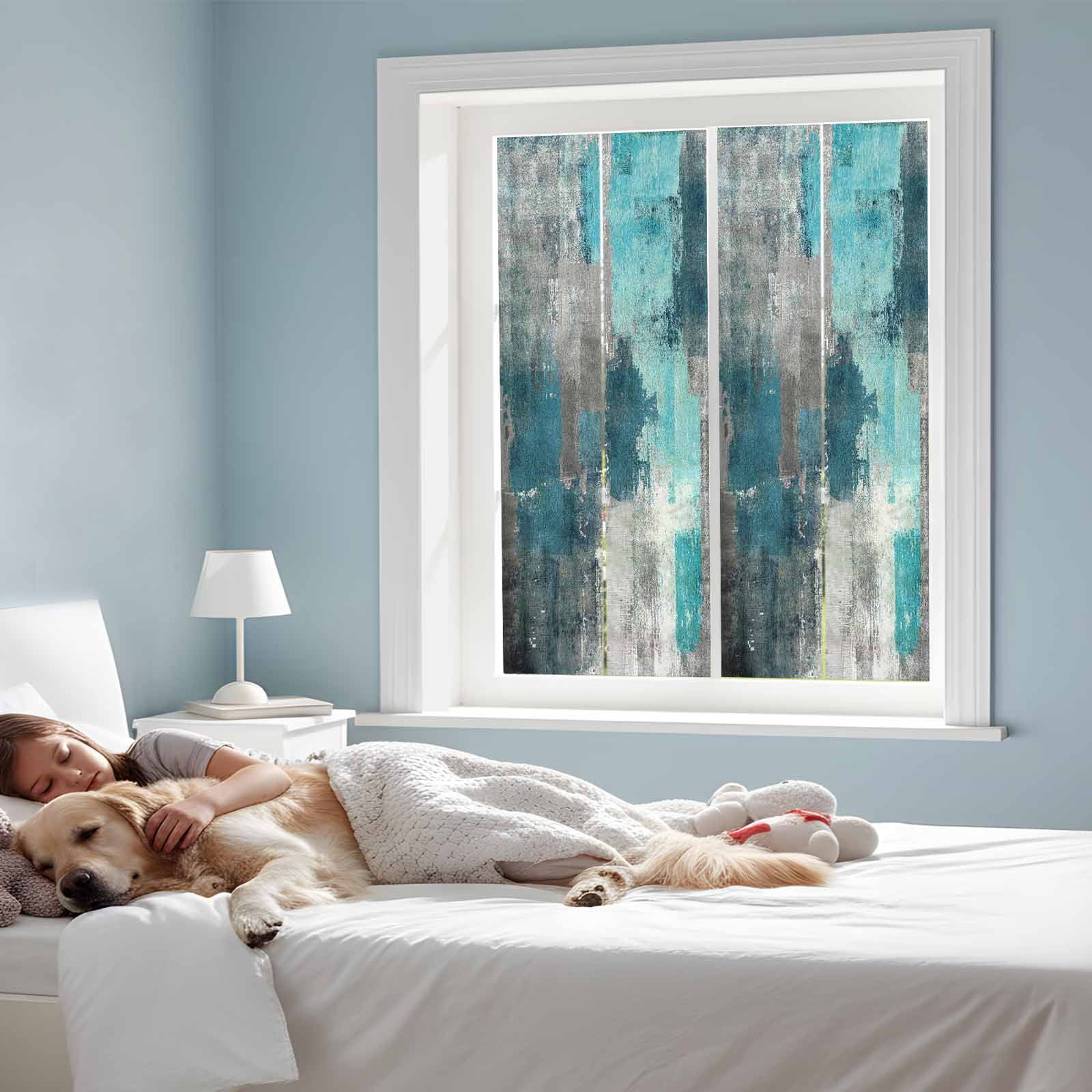 Teal Grey Privacy Window Film, Decorative Frosted Glass Window Film, Modern Oil Painted Abstract Art Aesthetics Reusable Peel and Stick Static Cling for Home Bathroom Office Glass Door 17.7"x39.3"
