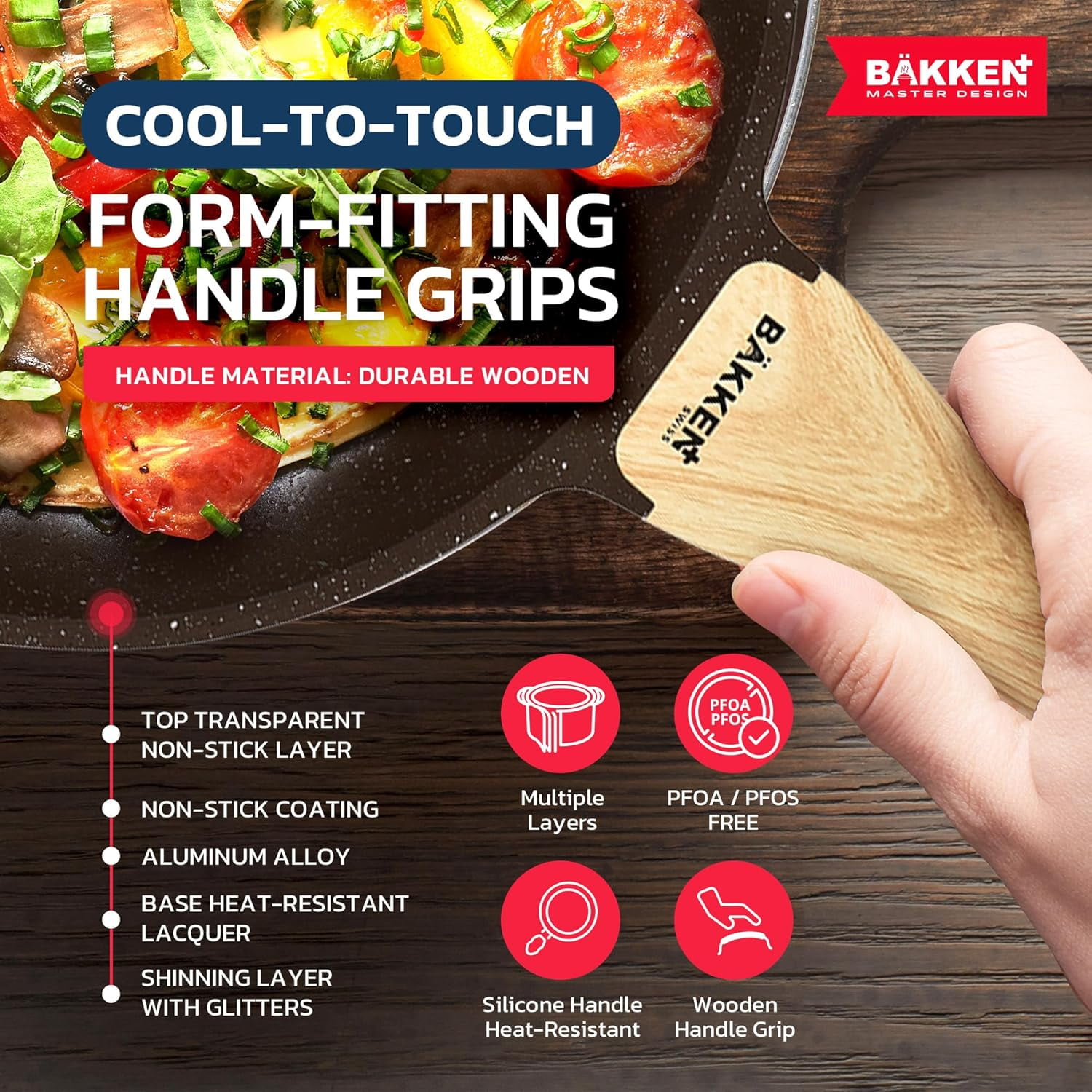 BAKKEN Cookware Set - Nonstick Granite Coating, Pots and Pans with Handle Grips and Tempered Glass Lids, Safe up to 500°F, Set of 20