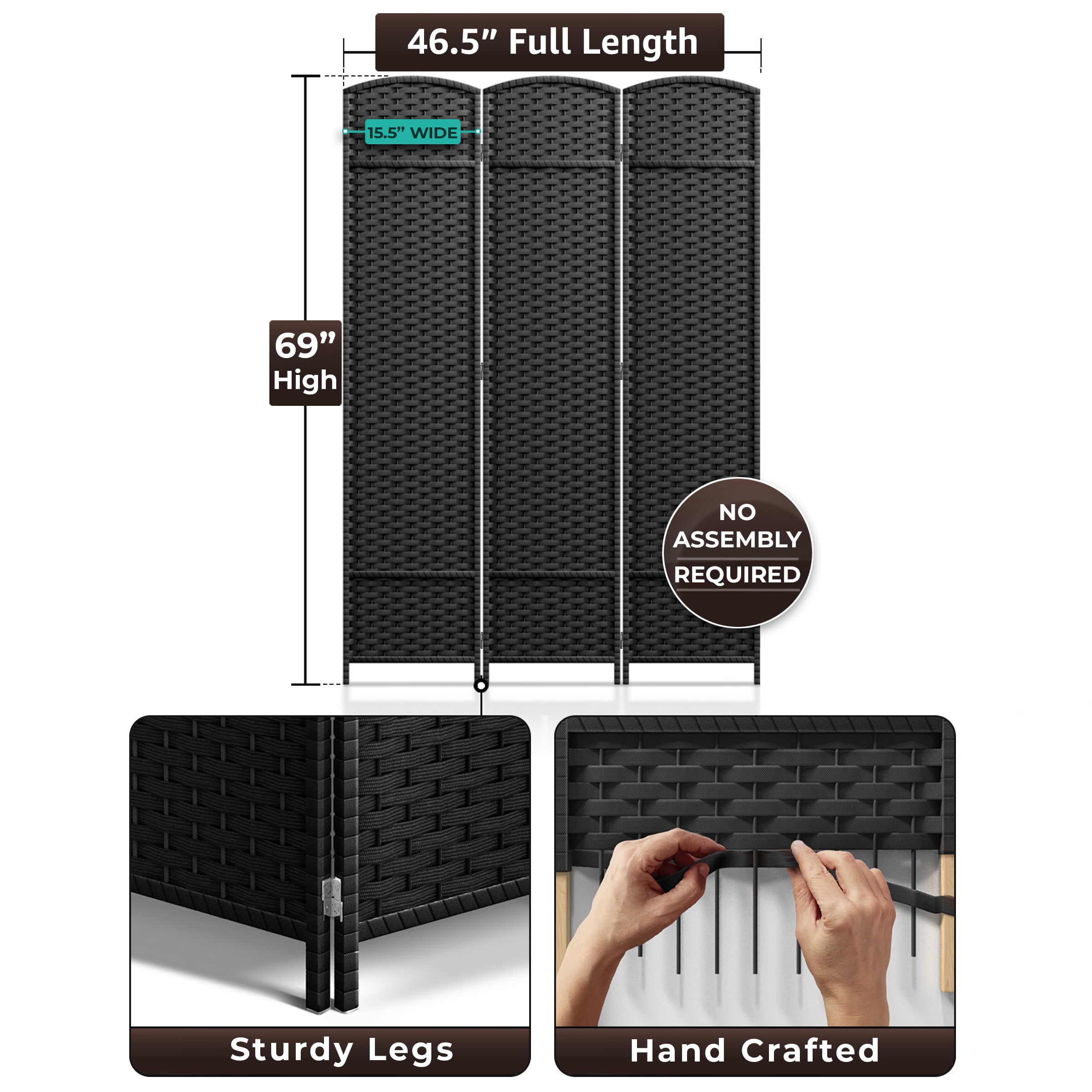 Sorbus 3-Panel Wide Folding Room Divider Privacy Screen, Hand-Woven Black Mesh