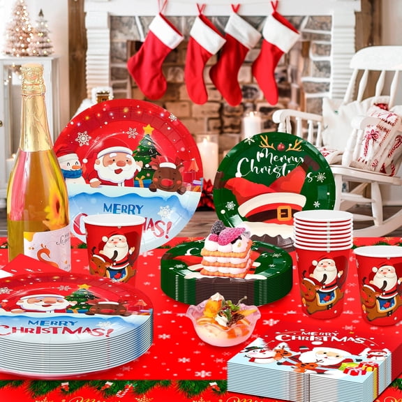 113Pcs Christmas Party Tableware Set - Serves 16 Guests, Includes Paper Plates, Napkins, Cups & Tablecloth, Disposable Xmas Dinnerware for Kids & Adults Holiday Parties