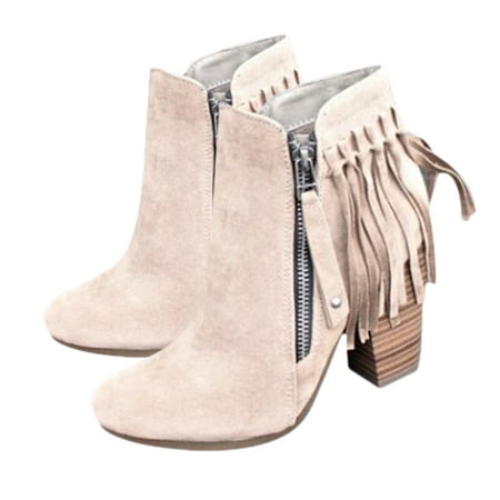

NICEXMAS Fashion Tassel Boots Winter Chunky Heels Boots Round Head Ankle Boots Women Autumn Boots (Grey Size 38)
