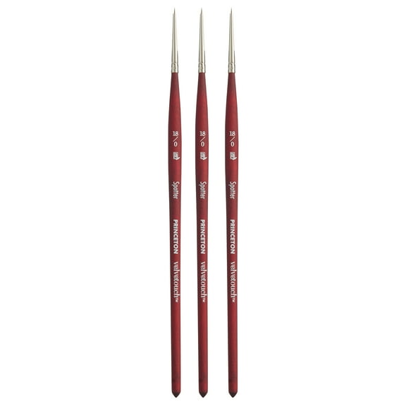 Princeton Velvetouch Spotter Brush, Synthetic Bristles, Short Handle Mixed Media Paintbrush, Scarlet, Size 18/0, Pack of 3