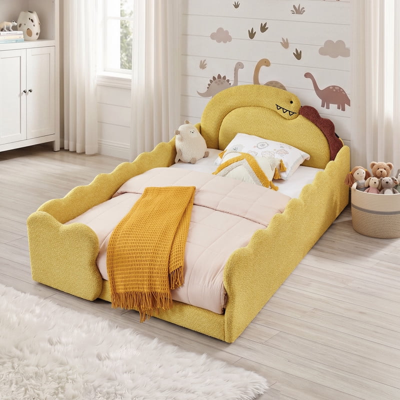 Avobird Full Size Cute Dinosaur-Shaped Kids Bed with Safety Guardraild, Solid Wood Toddler Bed Frame for Children for Bedroom, Boucle Fabric, Yellow