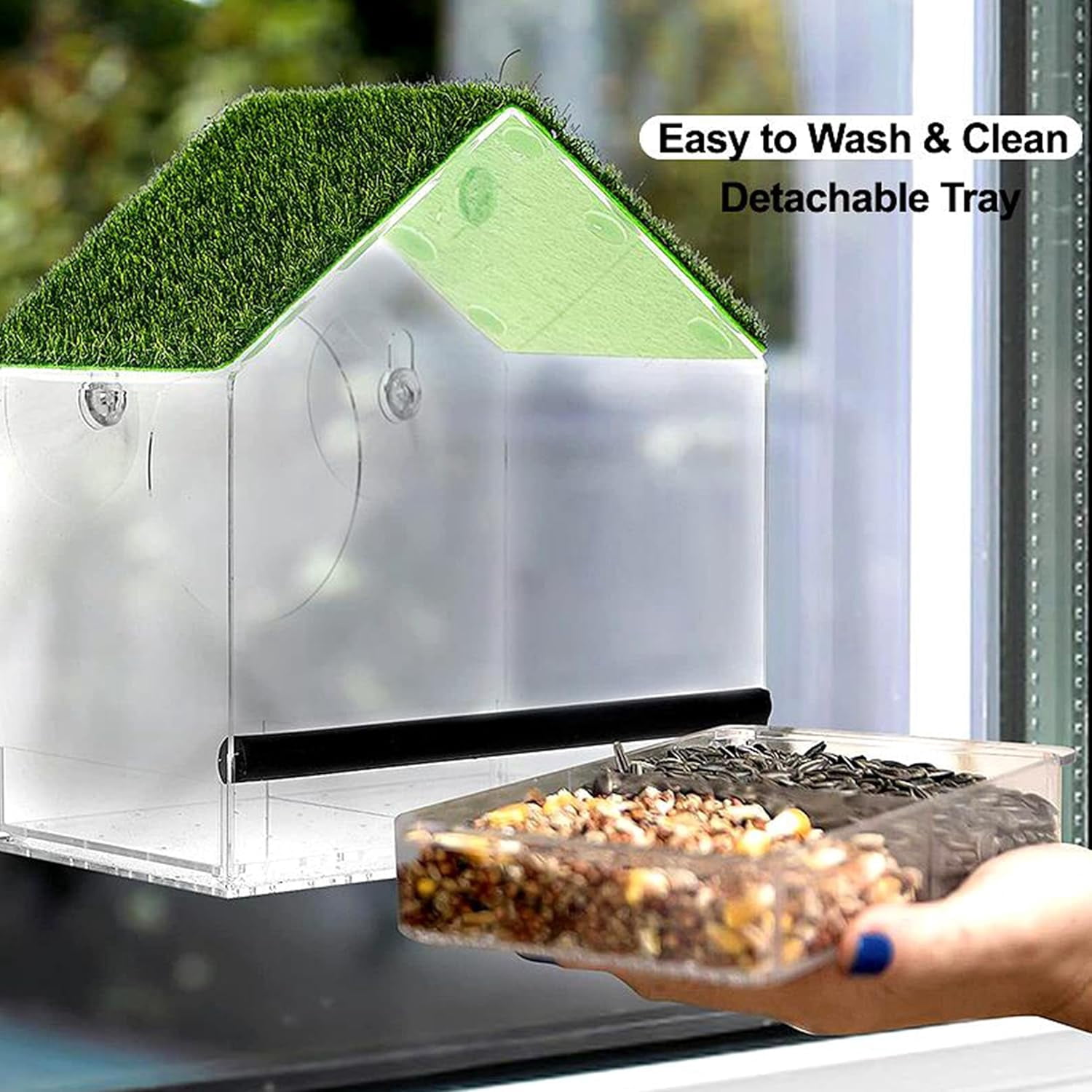KNUTI Window House Bird Feeder with Strong Suction Cups and Detachable Seed Tray Large Bird Watching Transparent Bird Feeder for Outside