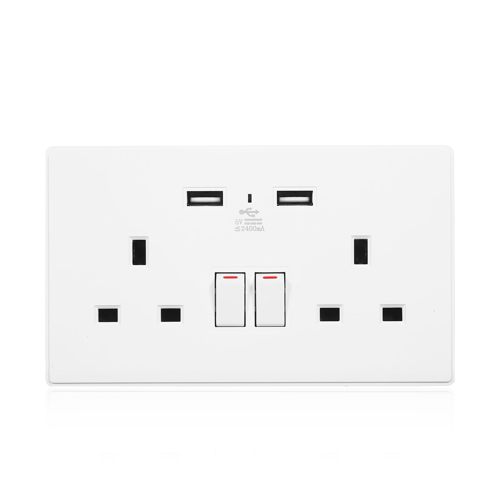 Double Wall Plug Socket 2 Gang 13A w/ 2 Charger USB Ports Outlets Flat Plate UK 