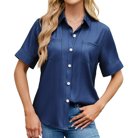 Beach Vacation Clothes for Women, Shirts for Women, Stylish Women Shirts One Button Imitation Denim Short Sleeve Loose Fit Blouse for Casual Wear