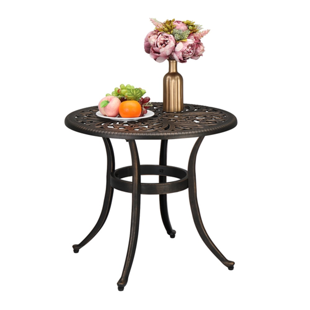 23.6” Cast Aluminum Outdoor Side Table, All Weather Round Patio Coffee Table Porch Table Outdoor