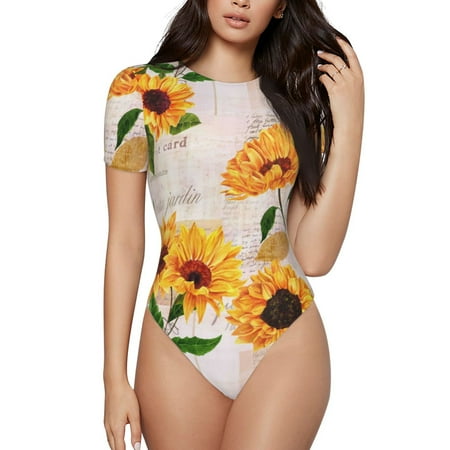 Easygdp Sunflower 5 Women s One-Piece Swimsuit Slim Fit Crew Neck Bodysuit Athletic Swimwear with Concealed Buckle - Large
