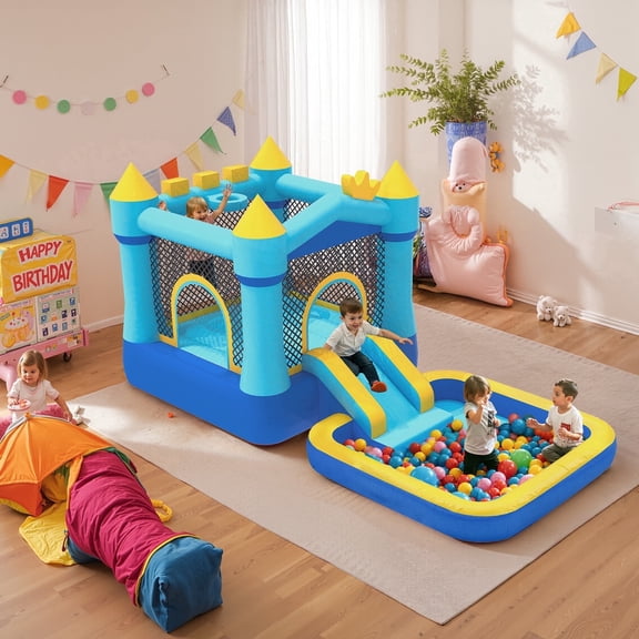 Mukidy 145''x 75'' x 73'' Inflatable Bounce Houses for Kids 3-8 with Blower Ball Pit and Large Pool Outdoor/Indoor Bouncy House, Blue