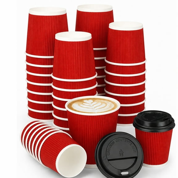 50 Set 4oz Disposable Espresso Cups with Lids Ripple Corrugated Paper Disposable Coffee Insulated Hot Ripple Cups for hot Chocolate, Tea, and Cocoa Drinks
