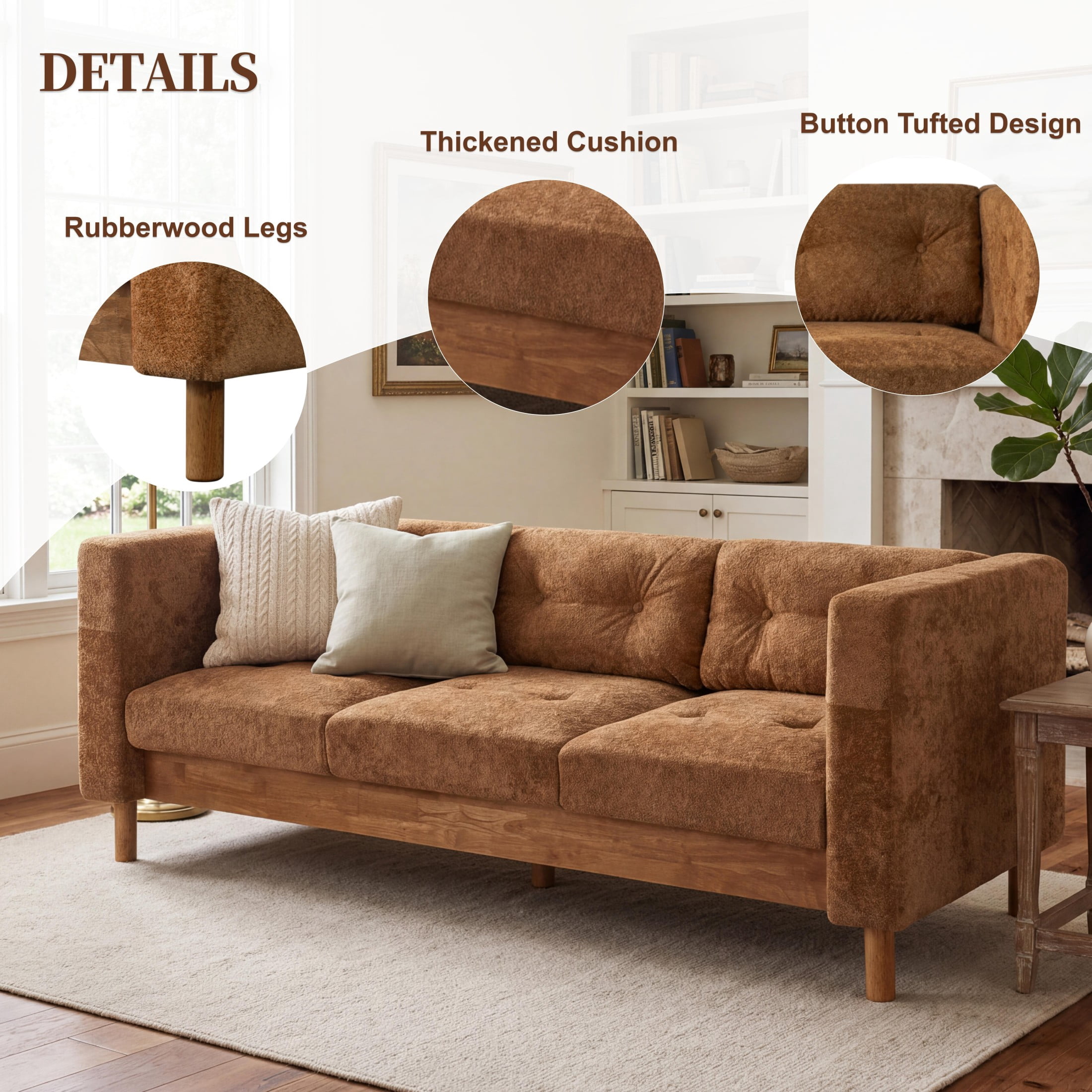 Christopher Knight Home 78" Modern Sofa with Chenille Upholstery, Tufted Pillow Back, 3 Seats, Orange