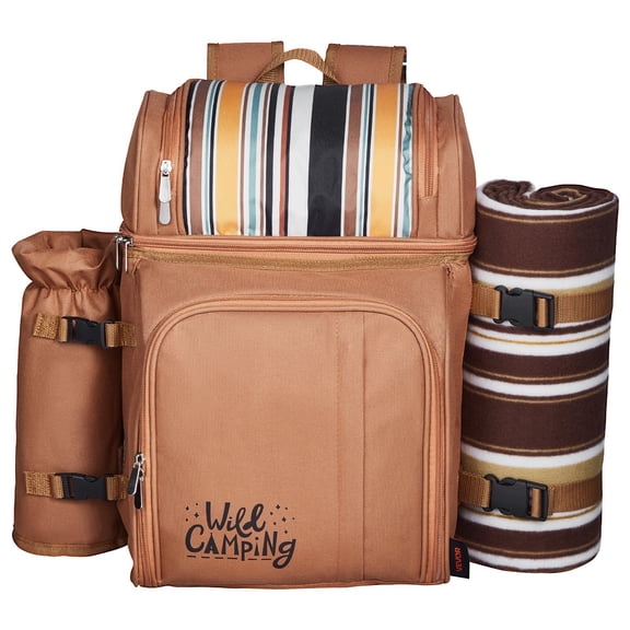 4-Person Picnic Backpack with Cooler - Brown Insulated Beach Bag for Outdoor Camping & Travel - Includes Waterproof Blanket, Utensils & Storage Pockets - Hands-Free Carrying