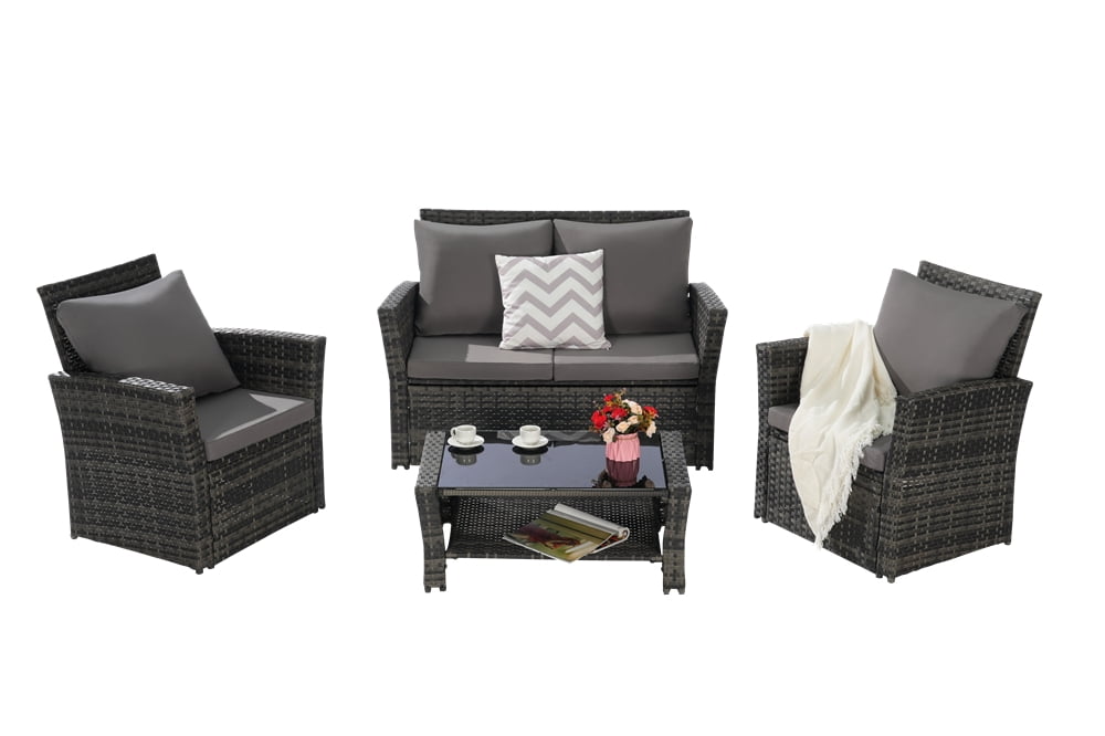 4 Pieces Patio Conversation Set, Outdoor Furniture Set with Cushion, Outside Sectional Rattan Wicker Sofa Furniture Set for Garden, Porch, Backyard, Gray