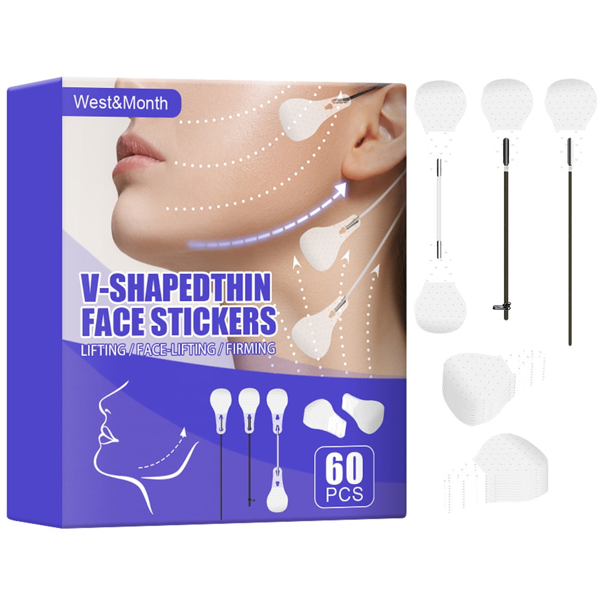 Caffney 60pcs Face Lift Tape Invisible Face Lifting Stickers Face Lifting Patch with 3 Lifting Ropes Waterproof Double Chin Tape V-line Face Wrinkle Patches for Neck Eye Face Skin Care