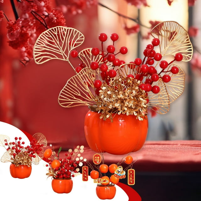 Decoración del árbol frutal de Año Nuevo Rojo • Árbol de la suerte de bonsái artificial • Adorno del Festival de Primavera • Planta en maceta de sobremesa para oficina en casa