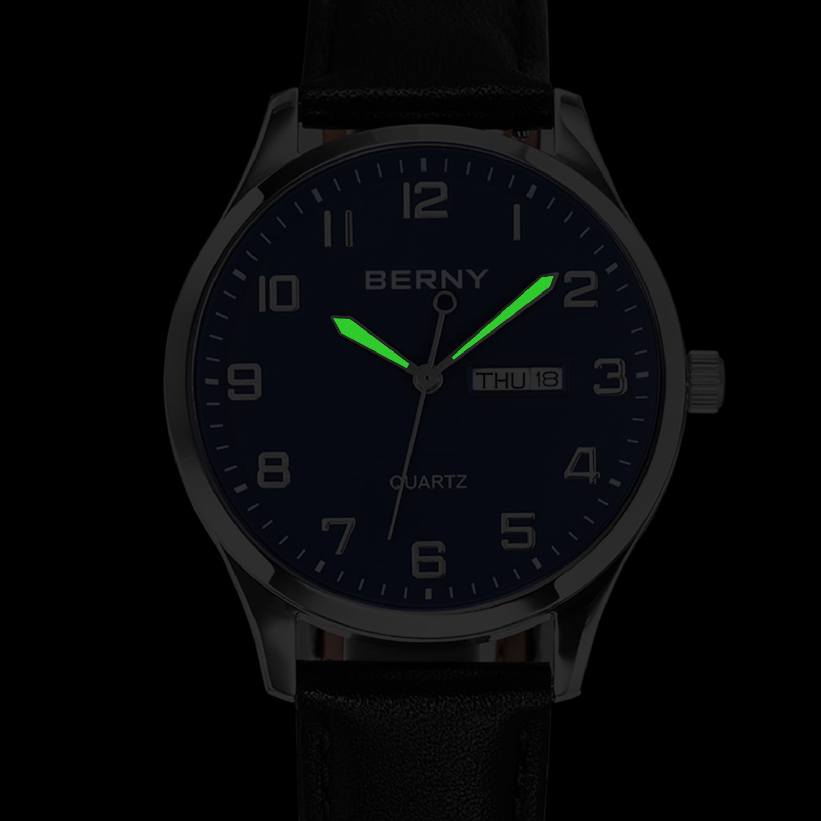 BERNY Modern Quartz Watch for Men Casual Easy Read Wristwatch with Arabic Numeral Watch Dial, Genuine Leather Strap and Day & Date Calendar-Blue Dial