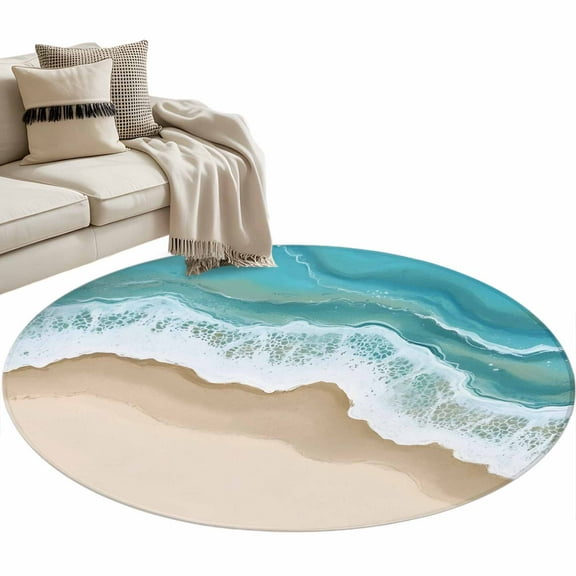 Turquoise Ocean Round Area Rug 4 FT, Non Slip Indoor Outdoor Rug, Gradient Brown Shore Sandy Beach Abstract Washable Soft Circular Carpet Non-Shedding Floor Mat for Coffee Table Nursery Foyer Balcony