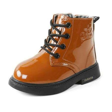 

Girls Waterproof Lace Up & Side Zipper Ankle Boots Patent Leather Shoes Winter For Toddler Kids
