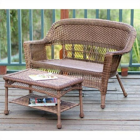 Jeco Wicker Patio Love Seat and Coffee Table Set in Honey without Cushion
