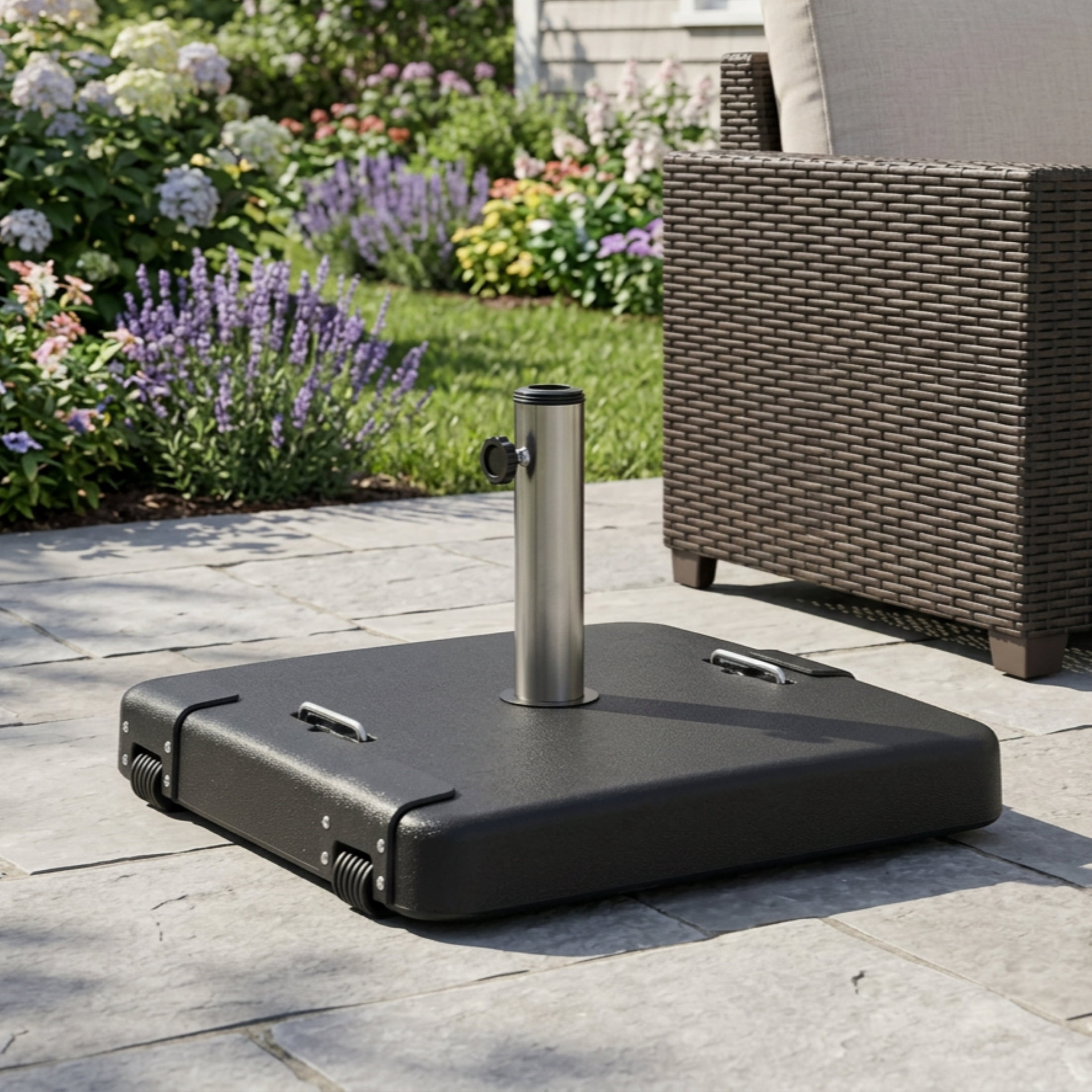 Outdoor 114lb Concrete Square Umbrella Base with Stainless Steel Collar, Black