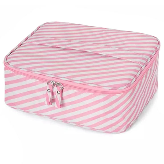 Portable Travel Makeup Cosmetic Toiletry Bag Organizer Case for Women, Pink and White Stripes