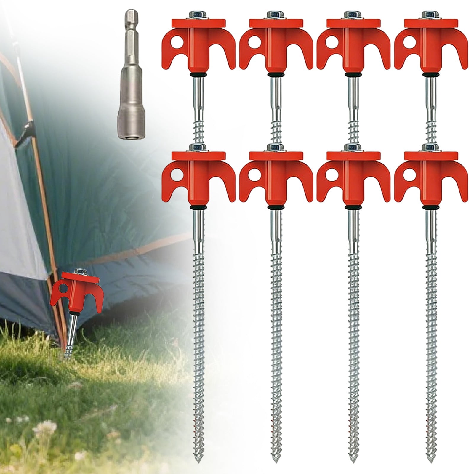 VKLU 8 Pcs Screw in Tent Stakes, 8 Inch Heavy Duty Metal Ground Anchors, Drill Compatible Hex Head Camping Pegs