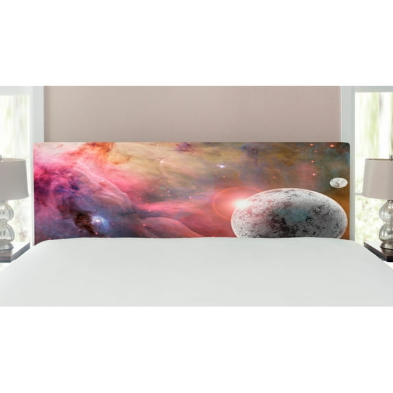 Outer Space Headboard, Unknown Frozen Planet in a Star Field with Circular Nebula Fog Galactic Energy Image, Upholstered Decorative Metal Bed Headboard with Memory Foam, King Size, Pink, by Ambesonne
