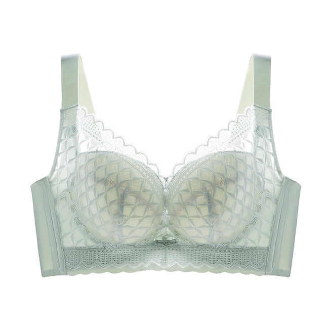 B91xZ Fashion Lace Unlined Underwire Bra Front Close Wirefree Back Support Posture Full Coverage Bra,Green 42C
