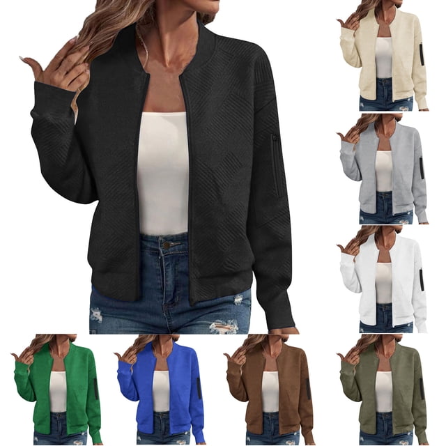 BiZtdJrK Vestes Légères pour Femmes Texturées à Fermeture Éclair Manches Longues Blouson Décontracté Coupe Ample avec Poche Zippée Blanc TTG