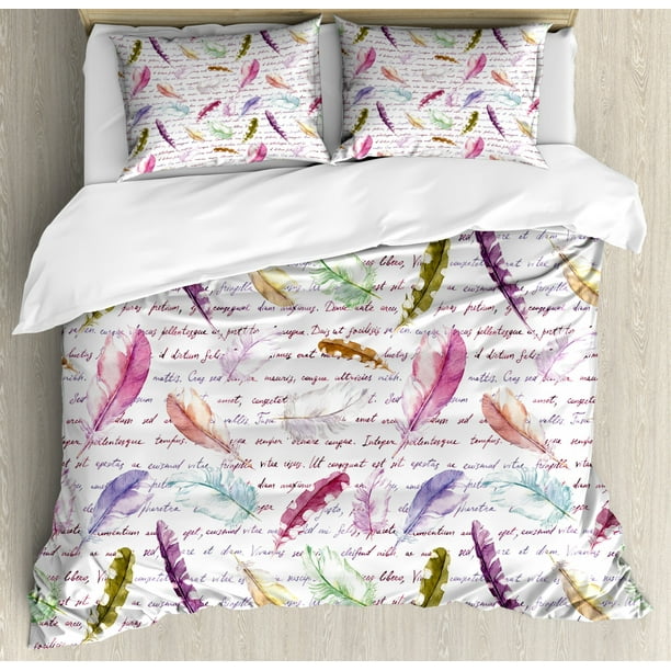 Feather Queen Size Duvet Cover Set, Colorful Feathers and Hand Written
