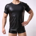 thumbnail image 4 of Fule Men's Sexy Leather Black Stage Performance Round Neck Short Sleeve T-shirt Tops, 4 of 9