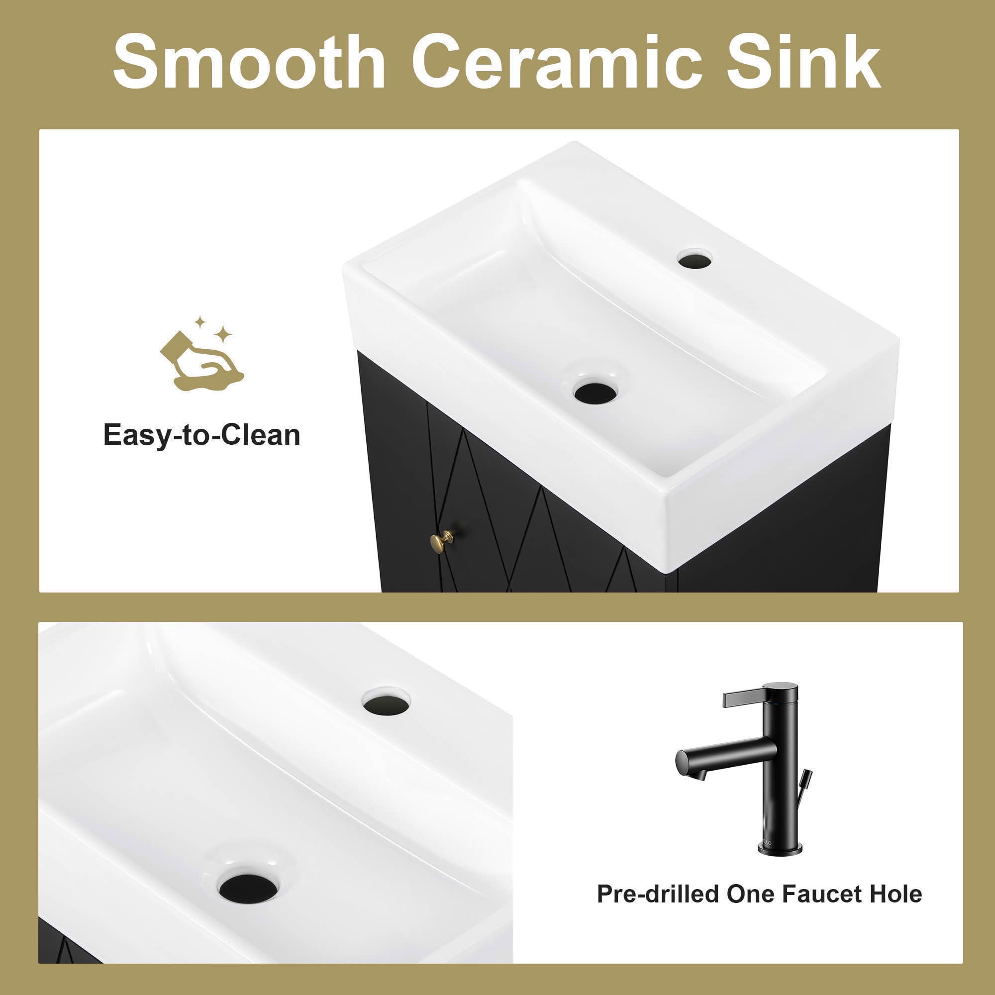 MAYEERTY 20" Bathroom Vanity Ceramic Sink Diamond Door Gold Handle Side Shelves Towel Bar MDF