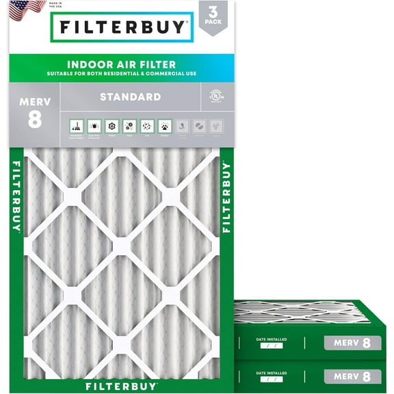 Filterbuy 8x16x2 MERV 8 Dust Defense, Pleated HVAC AC Furnace Air Filters (3-Pack)