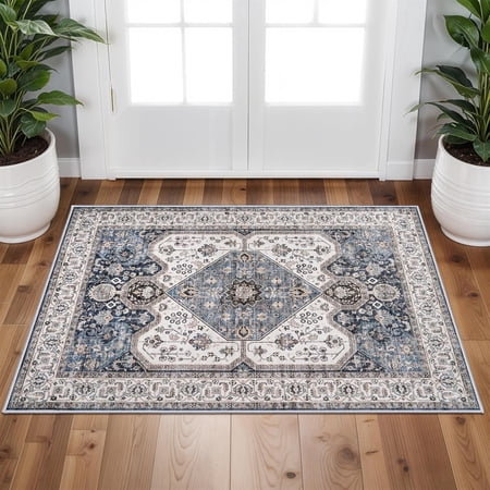 YOUFORTONG 2x3 Indoor Area Rug,Boho Vintage Tribal Carpet with Non Slip Backing,Stain Resistant Small Rug for Living Room Bedroom Kitchen Bathroom Home Decor Floor Mat,Navy Blue