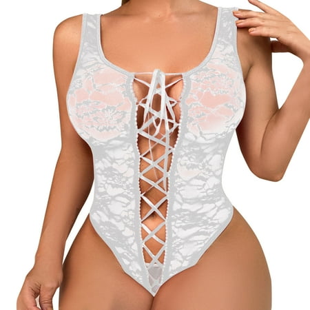 Fashion Summer Plus Size Bodysuit for Women 1 Pc Lace Sleepwear Garter Ring Pajamas Steel Underwear Overalls White