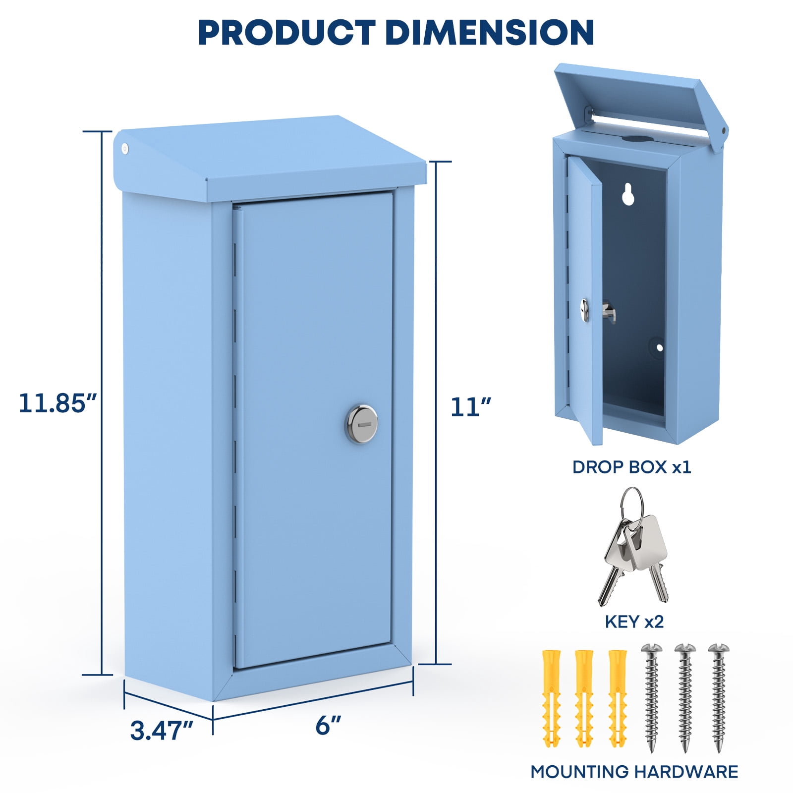 Pochar Money Cash Key Drop Box Wall Mount with Key, Metal Donation and Suggestion Box with Slot and Lock for Home, Office, 10.24" x 5.7" x 2.95" (Blue)