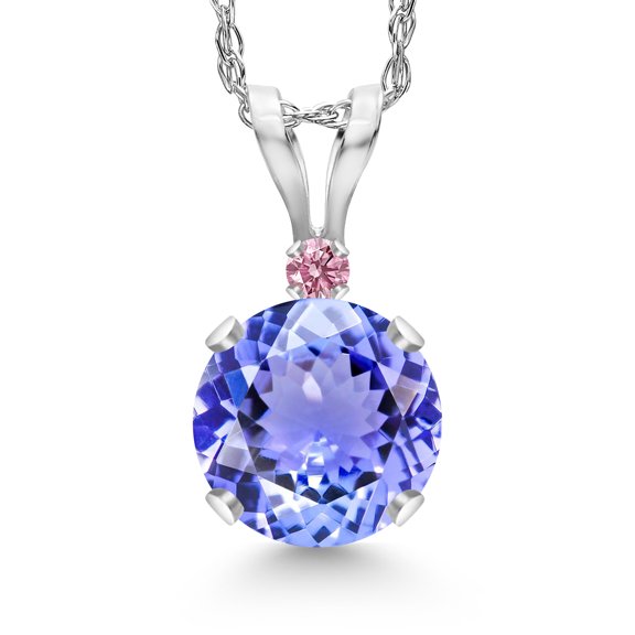 Gem Stone King 14K White Gold Blue Tanzanite and Pink Lab Grown Diamond Pendant Necklace for Women | 0.92 Cttw | Gemstone December Birthstone | Round 6MM | With 18 inch Chain