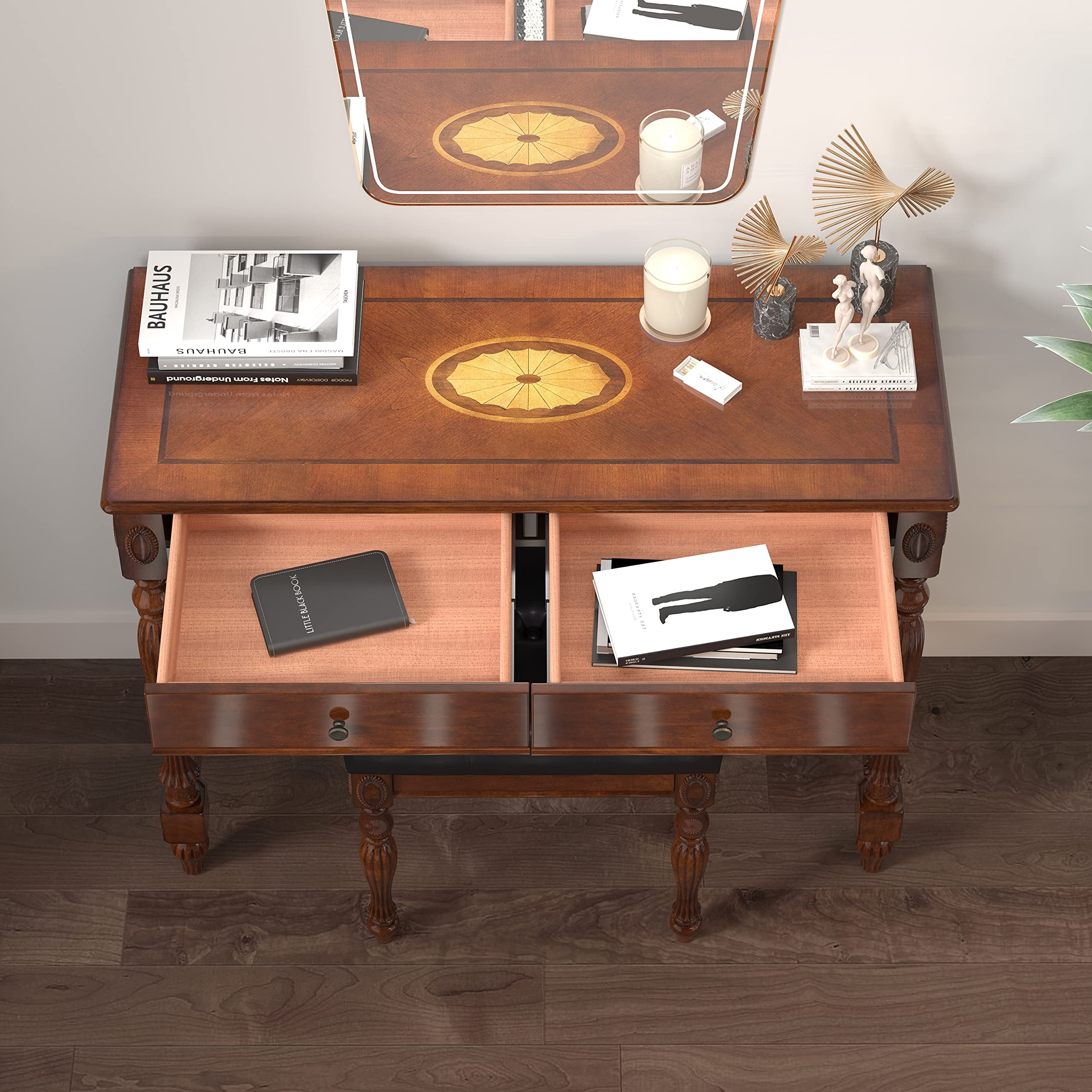 JESONVID Solid Wood Computer Writing Desk with 2 Big Drawers 46.1" Wide Home Office Desk Workstation Big Rustic Study Table Furniture in Cherry for Home Office Bedroom Living Room, BSZ-1533WD