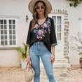 thumbnail image 5 of Higustar Embroidered Tops for Women 3/4 Sleeve V Neck Plus Size Boho Mexican Style Blouse Peasant Tops Women T Shirts Casual Tee Ladies Tunics-3XL/Black/673/H, 5 of 11