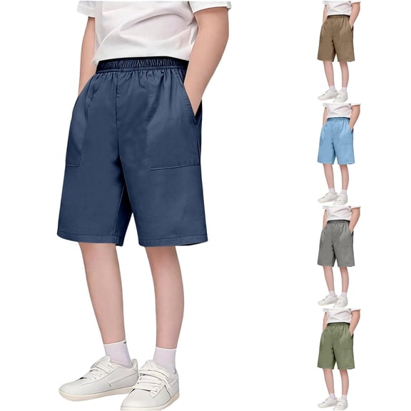 Summer Breathable Ice‑Silk Children Knee‑Length Casual Shorts, Stretchy Elastic Waist Side Pocket Solid‑Color Outdoor Sports Shorts for Boys and Girls 4‑16Y