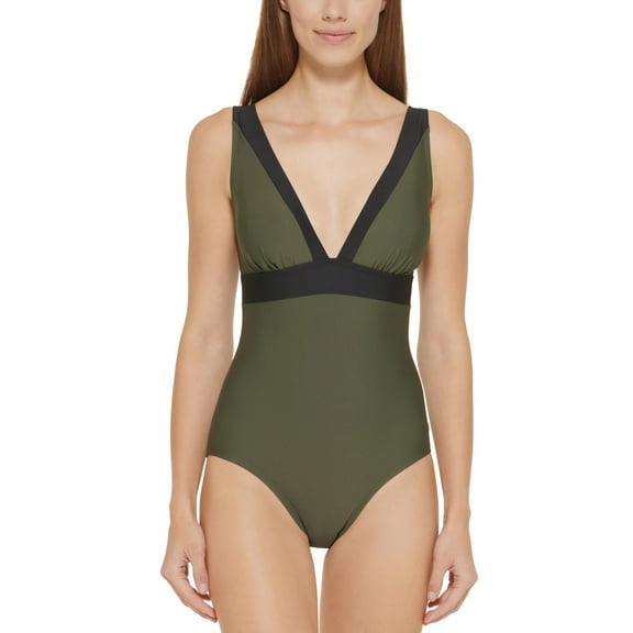 DKNY MOSS GREEN Plunging Colorblocked One-Piece Swimsuit, US 14