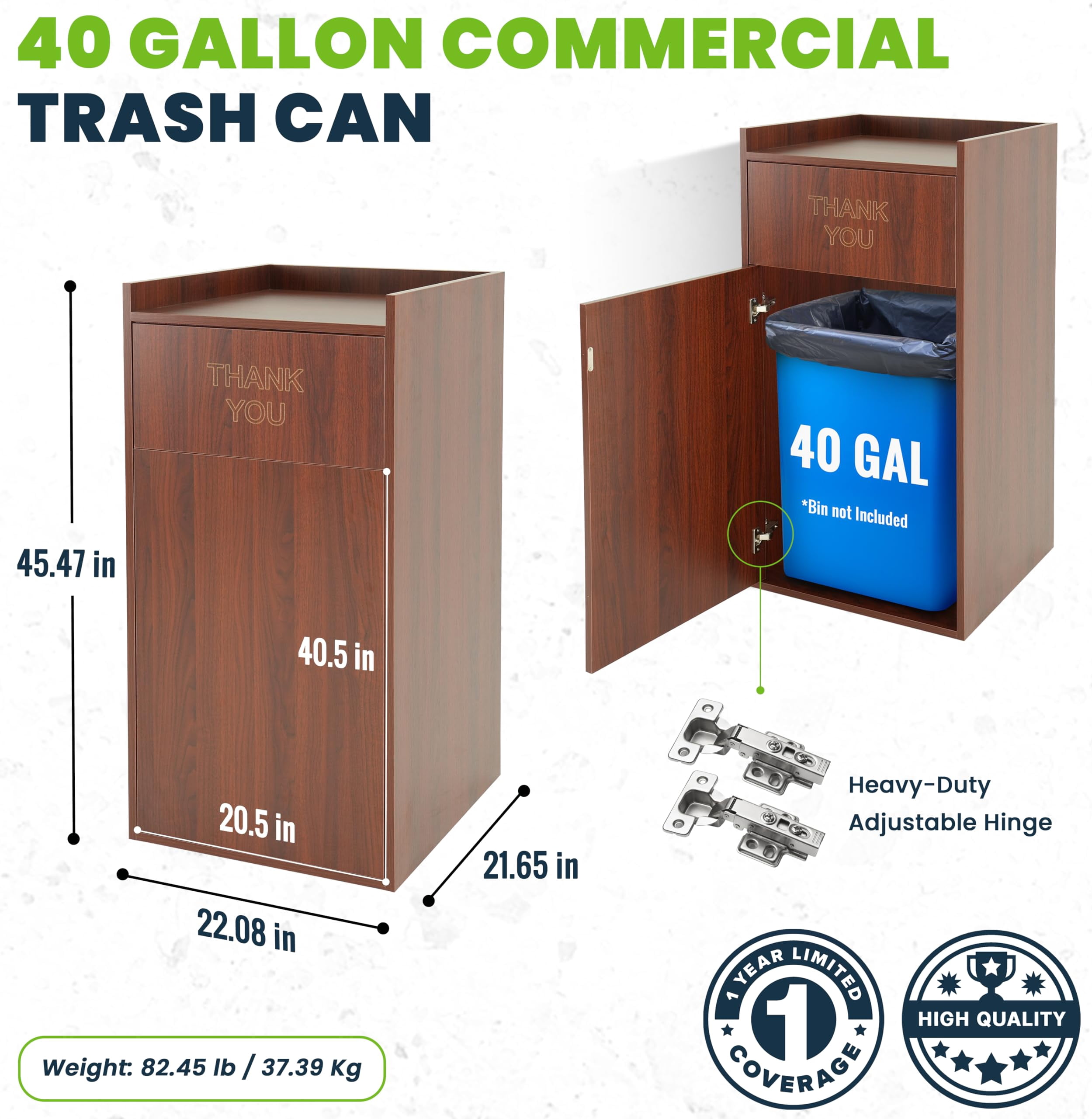Alpine Restaurant Trash Can Cabinet - Thank You Trash Can Commercial Trash Can 40 Gallon, Garbage Receptacle with Tray Holder for Restaurants, Cafeterias (Mahogany)