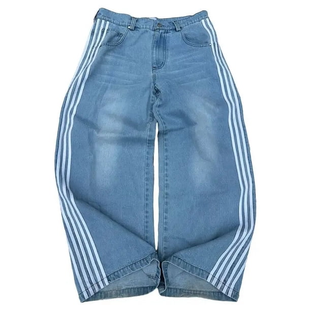 Classic Side Stripe Baggy Jeans Y2k High Waisted Wash Blue Women