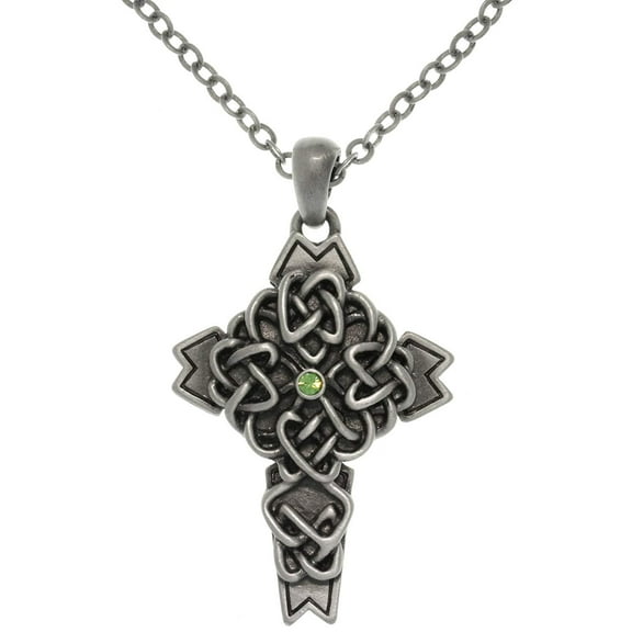 Jewelry Trends Pewter Celtic Cross Pendant with Green Crystal on Chain Necklace