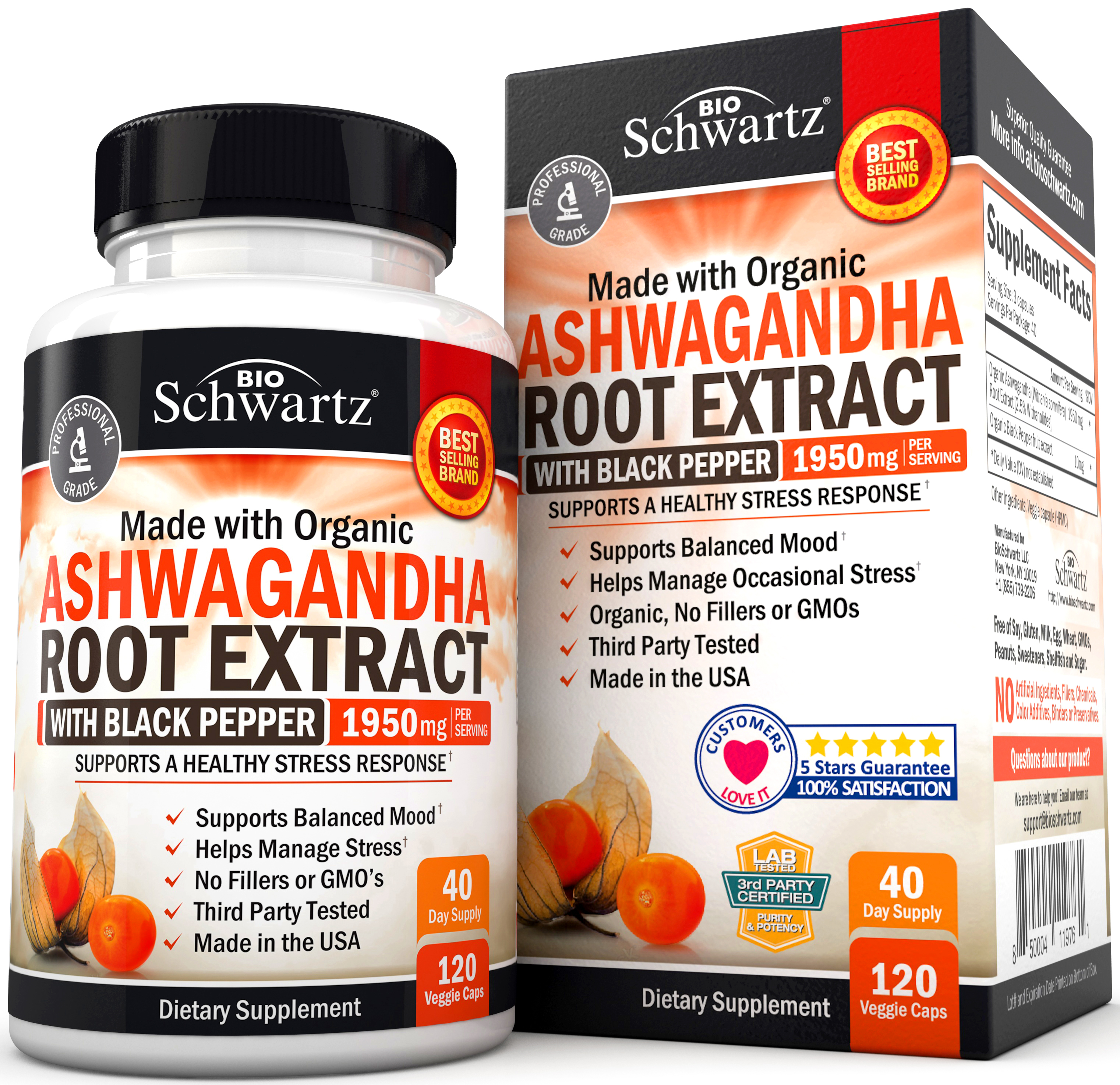Organic Ashwagandha Capsules (1950mg) with Black Pepper for Enhanced Absorption Immune Support