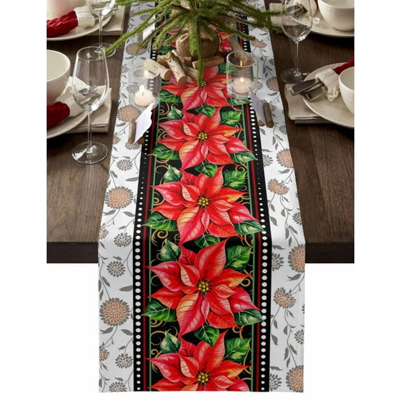 Red Christmas Dresser Scarf Farmhouse, Dining Table Decorations for Wedding/Parties, Xmas Botanical Poinsettia Table Runner 72 Inches Long for Kitchen Dining, 13 x 72 In