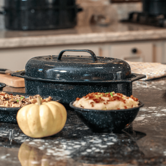 DIMESHY 13Inch Roasting Pan, Enamel on Steel, Black Covered Oval Roaster  Pan with Lid, Small Cookware for Turkey, Small Chicken, Roast Baking Pan.